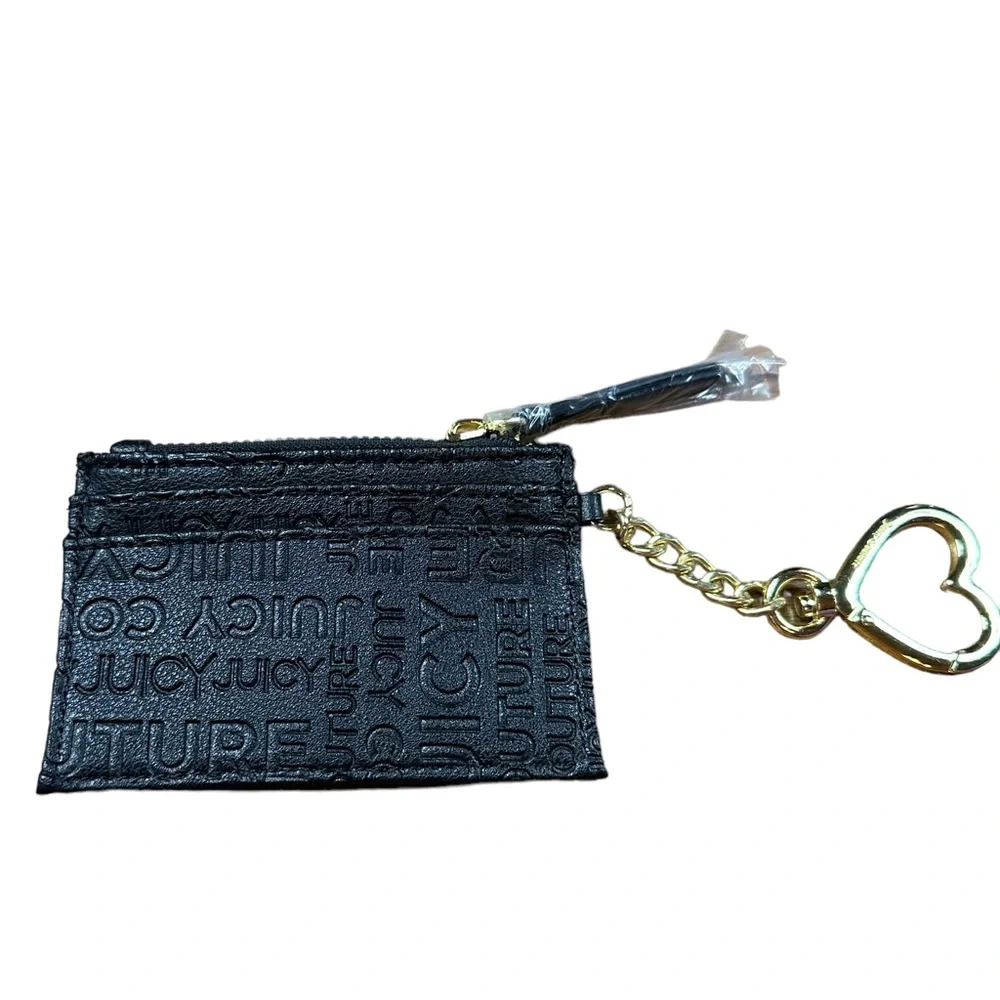 JUICY COUTURE: NWT Black Leather Logo Wallet Card Holder Keychain with Gold Logo